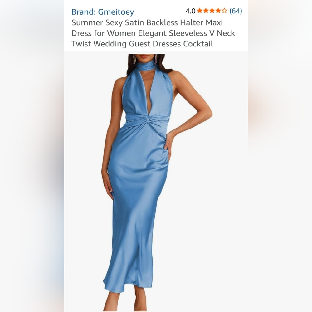 Blue Halter Satin Evening Dress
